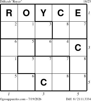 The grouppuzzles.com Difficult Royce puzzle for Sunday July 19, 2026 with all 8 steps marked