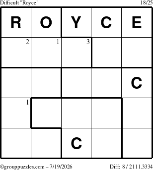 The grouppuzzles.com Difficult Royce puzzle for Sunday July 19, 2026 with the first 3 steps marked
