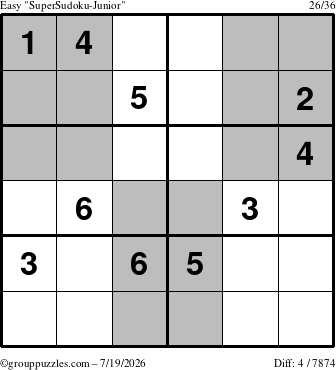 The grouppuzzles.com Easy SuperSudoku-Junior puzzle for Sunday July 19, 2026