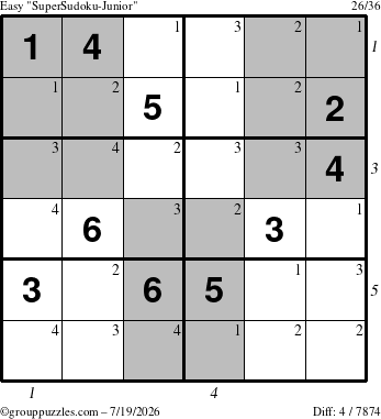The grouppuzzles.com Easy SuperSudoku-Junior puzzle for Sunday July 19, 2026 with all 4 steps marked
