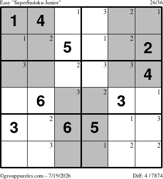 The grouppuzzles.com Easy SuperSudoku-Junior puzzle for Sunday July 19, 2026 with the first 3 steps marked