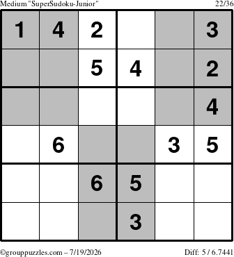 The grouppuzzles.com Medium SuperSudoku-Junior puzzle for Sunday July 19, 2026
