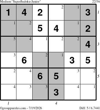The grouppuzzles.com Medium SuperSudoku-Junior puzzle for Sunday July 19, 2026 with all 5 steps marked