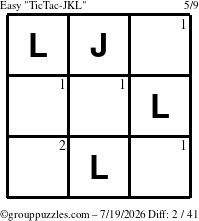 The grouppuzzles.com Easy TicTac-JKL puzzle for Sunday July 19, 2026 with the first 2 steps marked
