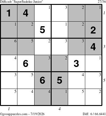 The grouppuzzles.com Difficult SuperSudoku-Junior puzzle for Sunday July 19, 2026 with all 6 steps marked