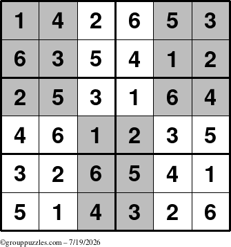 The grouppuzzles.com Answer grid for the SuperSudoku-Junior puzzle for Sunday July 19, 2026