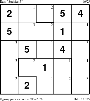The grouppuzzles.com Easy Sudoku-5 puzzle for Sunday July 19, 2026 with the first 3 steps marked