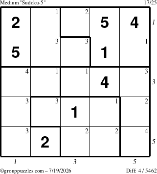 The grouppuzzles.com Medium Sudoku-5 puzzle for Sunday July 19, 2026 with all 4 steps marked