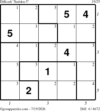 The grouppuzzles.com Difficult Sudoku-5 puzzle for Sunday July 19, 2026 with all 4 steps marked