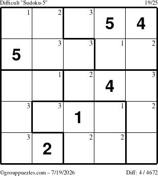 The grouppuzzles.com Difficult Sudoku-5 puzzle for Sunday July 19, 2026 with the first 3 steps marked