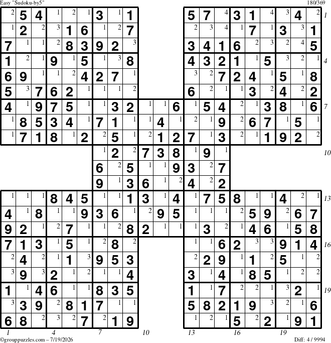 The grouppuzzles.com Easy Sudoku-by5 puzzle for Sunday July 19, 2026 with all 4 steps marked