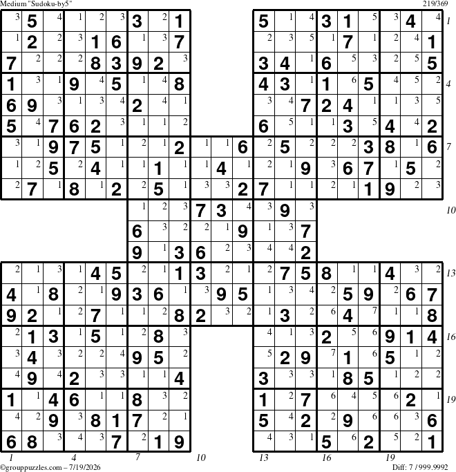 The grouppuzzles.com Medium Sudoku-by5 puzzle for Sunday July 19, 2026 with all 7 steps marked