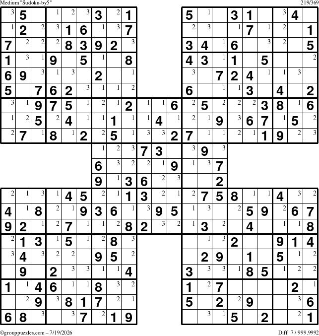 The grouppuzzles.com Medium Sudoku-by5 puzzle for Sunday July 19, 2026 with the first 3 steps marked
