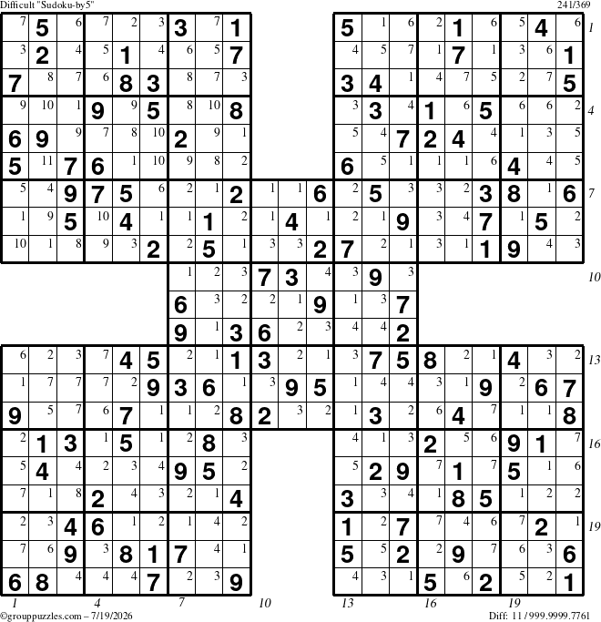 The grouppuzzles.com Difficult Sudoku-by5 puzzle for Sunday July 19, 2026 with all 11 steps marked