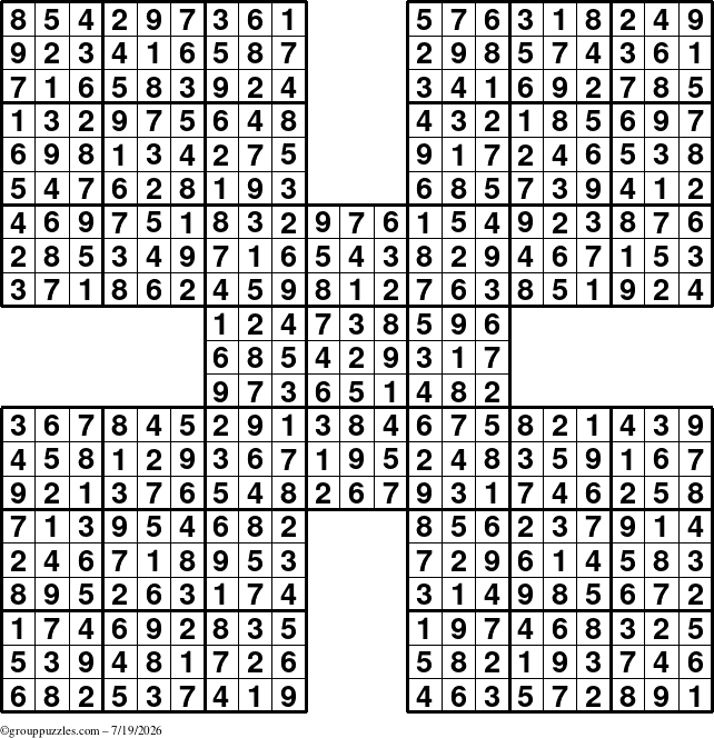 The grouppuzzles.com Answer grid for the Sudoku-by5 puzzle for Sunday July 19, 2026