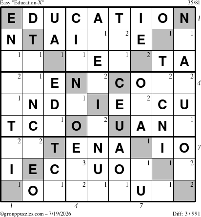 The grouppuzzles.com Easy Education-X puzzle for Sunday July 19, 2026 with all 3 steps marked