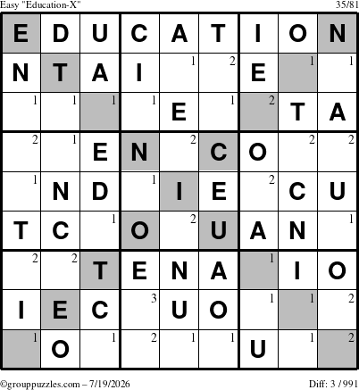 The grouppuzzles.com Easy Education-X puzzle for Sunday July 19, 2026 with the first 3 steps marked