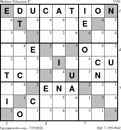 The grouppuzzles.com Medium Education-X puzzle for Sunday July 19, 2026, suitable for printing, with all 7 steps marked