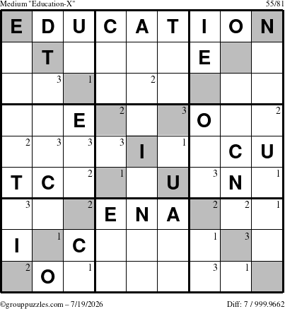 The grouppuzzles.com Medium Education-X puzzle for Sunday July 19, 2026 with the first 3 steps marked