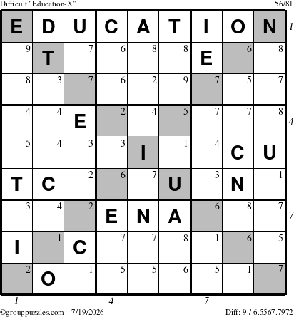 The grouppuzzles.com Difficult Education-X puzzle for Sunday July 19, 2026, suitable for printing, with all 9 steps marked