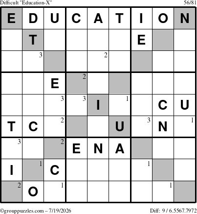 The grouppuzzles.com Difficult Education-X puzzle for Sunday July 19, 2026 with the first 3 steps marked