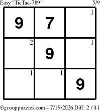 The grouppuzzles.com Easy TicTac-789 puzzle for Sunday July 19, 2026 with the first 2 steps marked