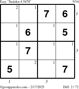 The grouppuzzles.com Easy Sudoku-4-5678 puzzle for Monday February 17, 2025 with all 2 steps marked