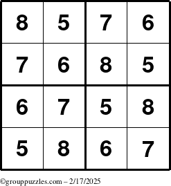 The grouppuzzles.com Answer grid for the Sudoku-4-5678 puzzle for Monday February 17, 2025