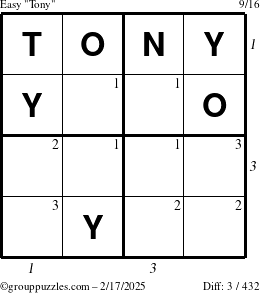 The grouppuzzles.com Easy Tony puzzle for Monday February 17, 2025 with all 3 steps marked