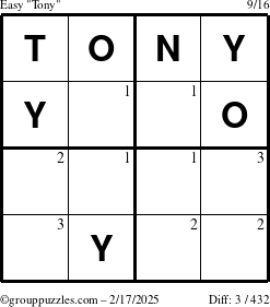 The grouppuzzles.com Easy Tony puzzle for Monday February 17, 2025 with the first 3 steps marked