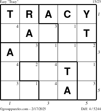 The grouppuzzles.com Easy Tracy puzzle for Monday February 17, 2025 with all 4 steps marked