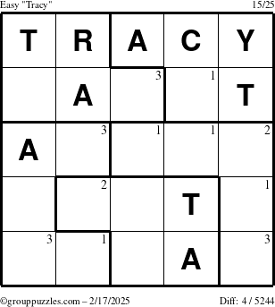 The grouppuzzles.com Easy Tracy puzzle for Monday February 17, 2025 with the first 3 steps marked