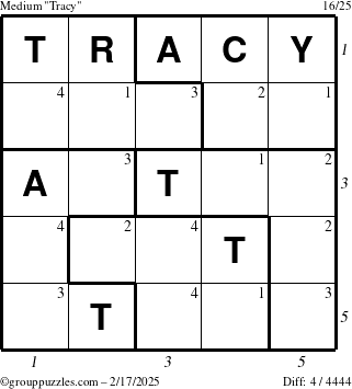 The grouppuzzles.com Medium Tracy puzzle for Monday February 17, 2025 with all 4 steps marked