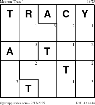 The grouppuzzles.com Medium Tracy puzzle for Monday February 17, 2025 with the first 3 steps marked