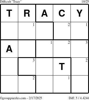 The grouppuzzles.com Difficult Tracy puzzle for Monday February 17, 2025 with the first 3 steps marked