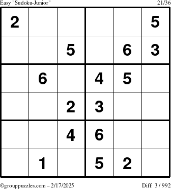 The grouppuzzles.com Easy Sudoku-Junior puzzle for Monday February 17, 2025