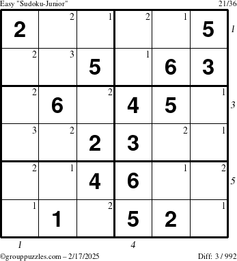 The grouppuzzles.com Easy Sudoku-Junior puzzle for Monday February 17, 2025 with all 3 steps marked