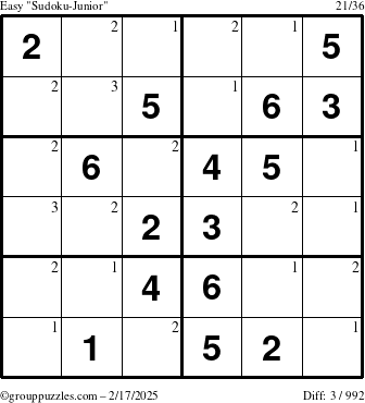 The grouppuzzles.com Easy Sudoku-Junior puzzle for Monday February 17, 2025 with the first 3 steps marked