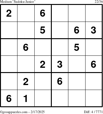 The grouppuzzles.com Medium Sudoku-Junior puzzle for Monday February 17, 2025