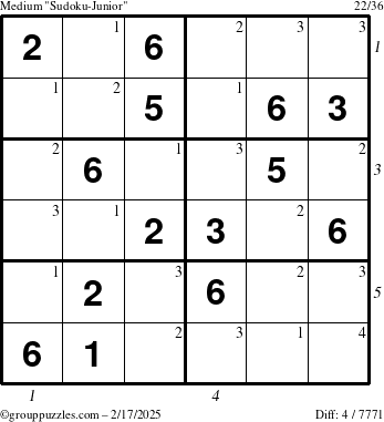 The grouppuzzles.com Medium Sudoku-Junior puzzle for Monday February 17, 2025, suitable for printing, with all 4 steps marked