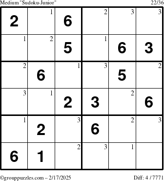 The grouppuzzles.com Medium Sudoku-Junior puzzle for Monday February 17, 2025 with the first 3 steps marked