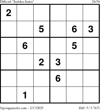 The grouppuzzles.com Difficult Sudoku-Junior puzzle for Monday February 17, 2025