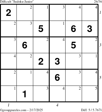 The grouppuzzles.com Difficult Sudoku-Junior puzzle for Monday February 17, 2025 with all 5 steps marked