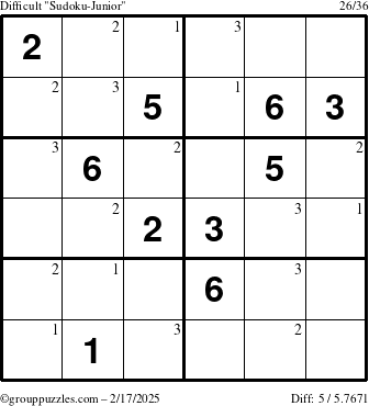 The grouppuzzles.com Difficult Sudoku-Junior puzzle for Monday February 17, 2025 with the first 3 steps marked