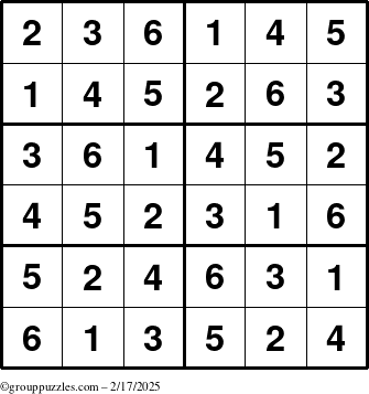 The grouppuzzles.com Answer grid for the Sudoku-Junior puzzle for Monday February 17, 2025