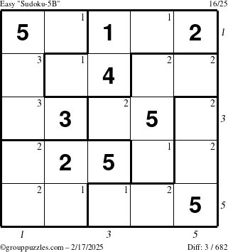 The grouppuzzles.com Easy Sudoku-5B puzzle for Monday February 17, 2025 with all 3 steps marked