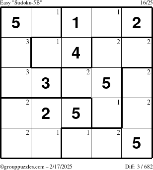 The grouppuzzles.com Easy Sudoku-5B puzzle for Monday February 17, 2025 with the first 3 steps marked