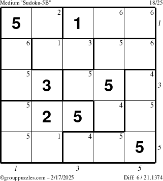 The grouppuzzles.com Medium Sudoku-5B puzzle for Monday February 17, 2025 with all 6 steps marked