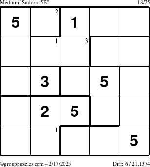 The grouppuzzles.com Medium Sudoku-5B puzzle for Monday February 17, 2025 with the first 3 steps marked