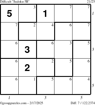 The grouppuzzles.com Difficult Sudoku-5B puzzle for Monday February 17, 2025 with all 7 steps marked